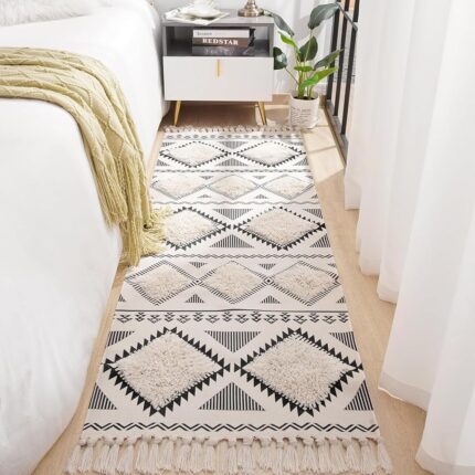 ALSTONIA Hand Woven Tufted 100% Natural Cotton Export Quality Designer Rug,Carpet, Bed Side Runner for Bedroom,Living Room, Size-2x5 feet or 60 cms x 152 cms (White & Black)