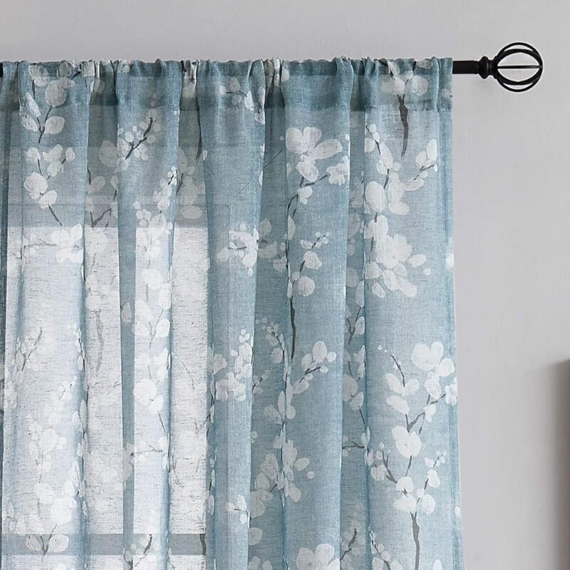 BFAM Faux Linen - Floral Print Sheer Rod Pocket Curtains For Living Room Vintage White Floral Print Window Drapes For Bedroom, Sold As 1