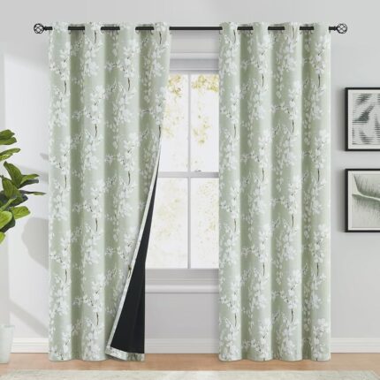 BFAM Floral Print 100% Blackout Curtain with Black Linning at Back, Floral Print Curtains for Living Room/Bedroom Thermal Insulated Energey Saving Blossom Curtain, Sold as 1...