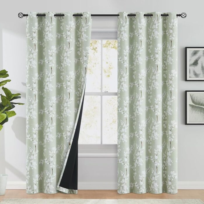 BFAM Floral Print 100% Blackout Curtain with Black Linning at Back, Floral Print Curtains for Living Room/Bedroom Thermal Insulated Energey Saving Blossom Curtain, Sold as 1...