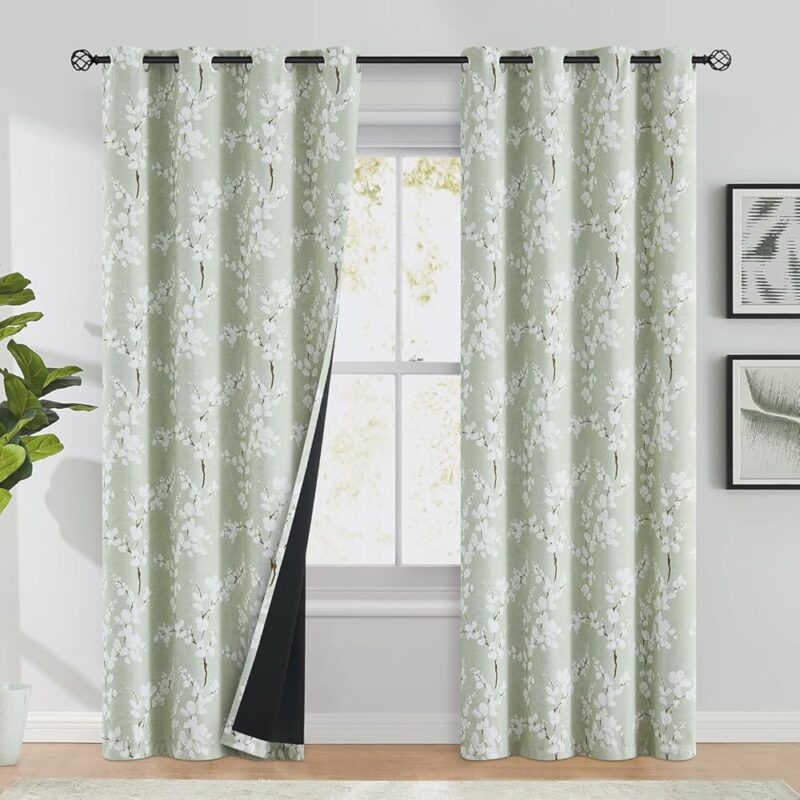 BFAM Floral Print 100% Blackout Curtain with Black Linning at Back, Floral Print Curtains for Living Room/Bedroom Thermal Insulated Energey Saving Blossom Curtain, Sold as 1...