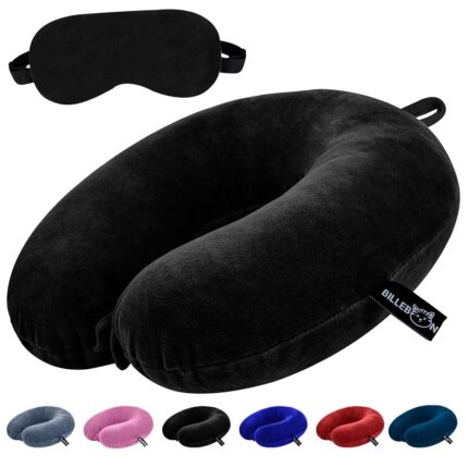 Billebon Premium Neck Pillow Eye Mask Combo Airplane Travel Pillow with Comfortable Velvet Sleeping Eyemask Head Rest Pillow (Black with Eye Mask)
