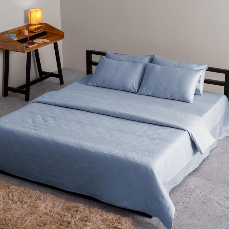Blue Dahlia 100% Cotton Jacquard Printed Bedsheet Set Double/King Size, Premium 300TC-1 Flat Sheet (108"x108")+2 Pillow Covers(18"x28"), SA 8000,Oeko TEX Certified- Blue Sky