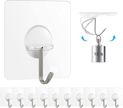 Chillyfit Wall Hooks for Hanging Strong, 10 Pack Adhesive Hooks for Wall Heavy Duty, Wall hangings, Kitchen Accessories Items, Clothes Hanging, Stainless Steel, Transparent