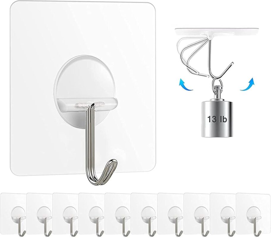 Chillyfit Wall Hooks for Hanging Strong, 10 Pack Adhesive Hooks for Wall Heavy Duty, Wall hangings, Kitchen Accessories Items, Clothes Hanging, Stainless Steel, Transparent