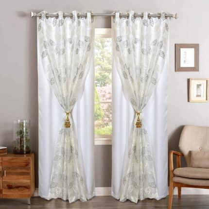 Dashing Fabrics Polyester and Blackout 2 in 1 Double Leaf Embroidery Design with Blackout Long Door Curtains, Set of 2 Pieces(9 Feet, White - Grey Leaf + White Blackout)