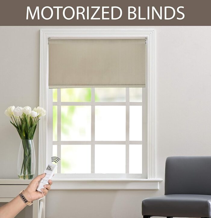 Deco Window Automatic/Motorized Jacquard Corded Blackout Roller Blinds for Windows Door Office Home Decor Curtains with Remote (42" Wide X 84 Long, Dark Beige)