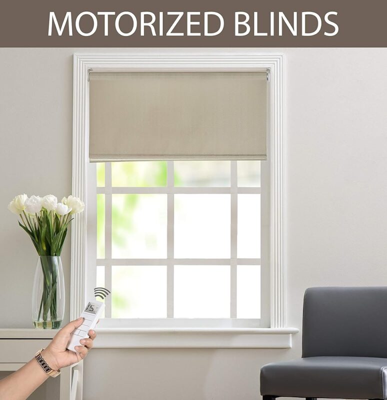 Deco Window Automatic/Motorized Jacquard Corded Blackout Roller Blinds for Windows Door Office Home Decor Curtains with Remote (42" Wide X 84 Long, Dark Beige)