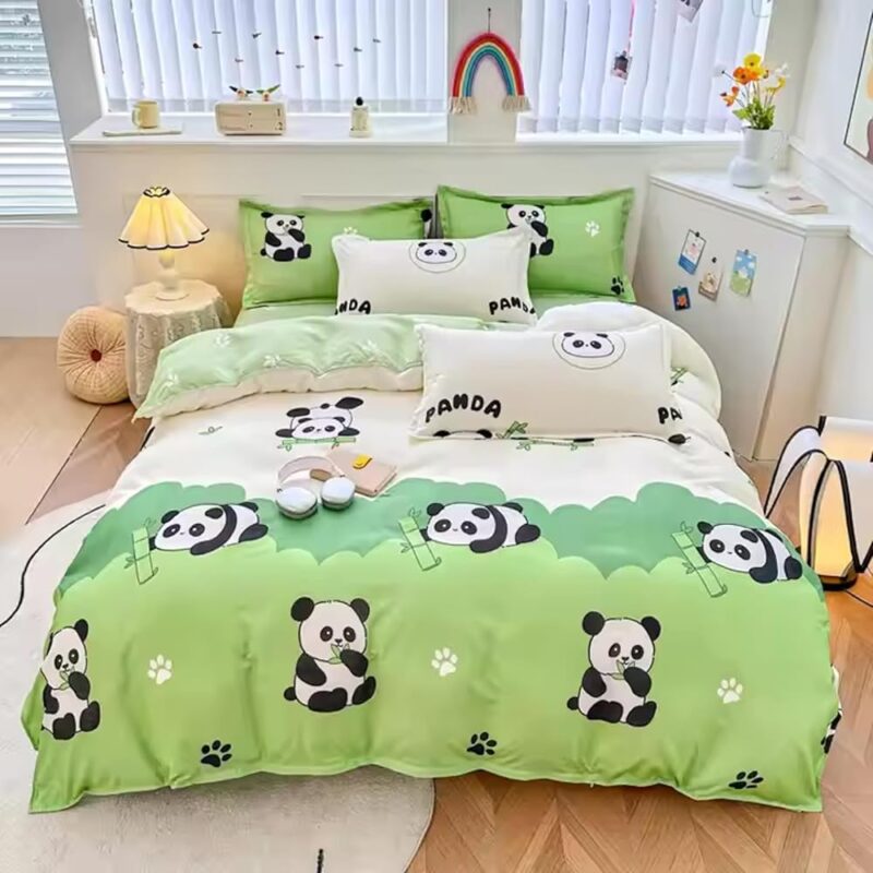 Famyo 5pc Bedding Set with Comforter - Cute King Size 250 TC Fitted Bedsheet, Pillow Covers Set of 2, Comforter Cover, 150 GSM Reversible AC Comforter/Dohar/Quilt (Green Panda)