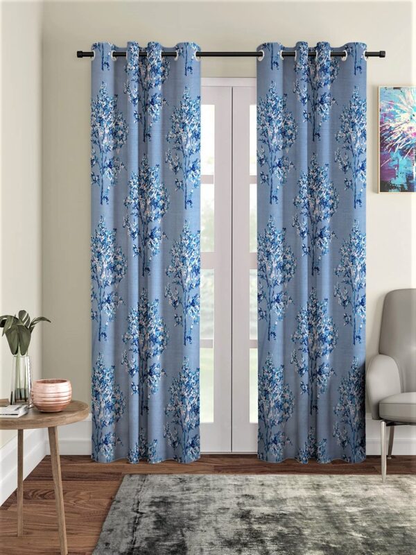 Fashion String Polyester Blossoms Eyelet Door Curtains (7 Feet, Blue, Pack of 2 Piece, Eyelet, String, Washable), Floral | Light-Filtering