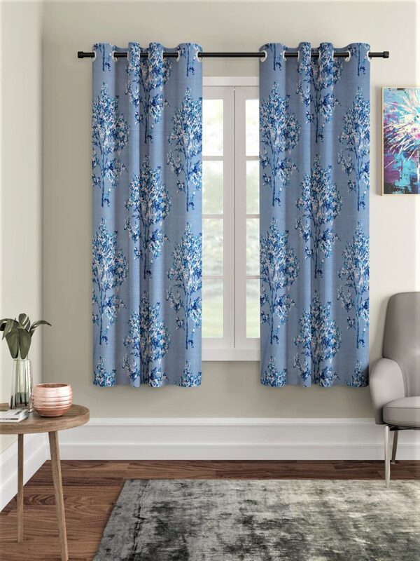 Fashion String Polyester Blossoms Eyelet Window Curtains (5 Feet, Blue) - 2 Piece(Eyelet, String, Washable), Floral | Light-Filtering
