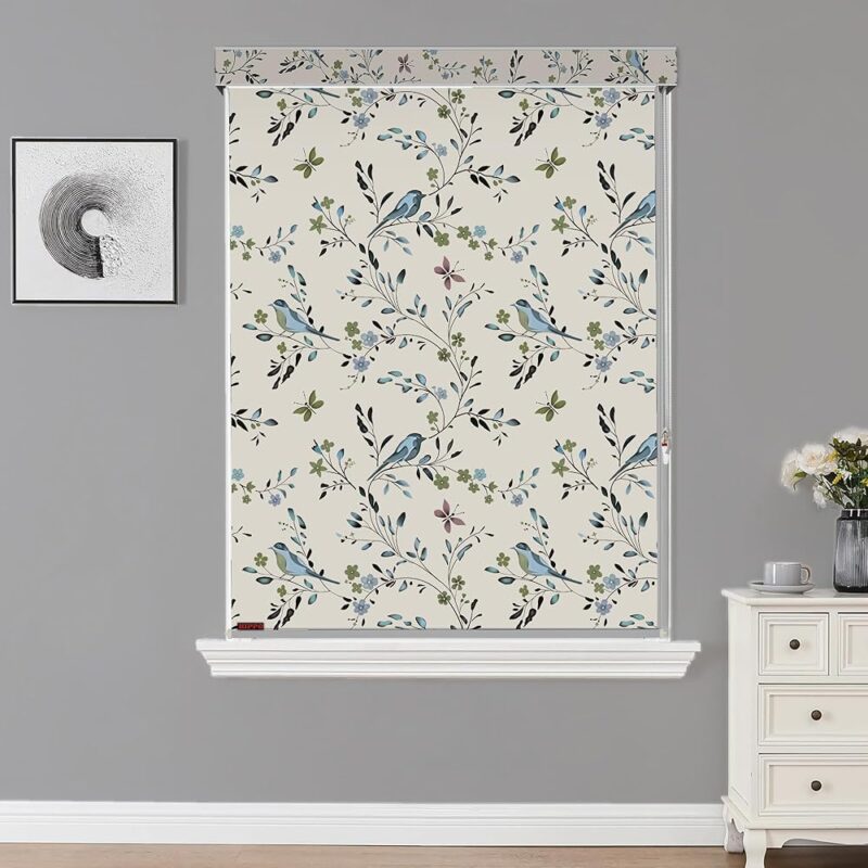 HIPPO Printed Semi Blackout Indoor Roller Blinds for Windows Sun & UV Protection Corded Roll Up & Down Blind for Home Office Cafes (Blue-Birds, 3FTX5FT)