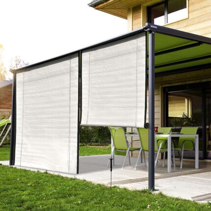 HIPPO Sunscreen Outdoor Chick Blind with 5% Openess for Sun Protection for Balcony Corded Roll Up and Down Blinds for Patio (Candid-White, 4FTX9FT)