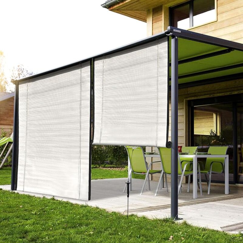 HIPPO Sunscreen Outdoor Chick Blind with 5% Openess for Sun Protection for Balcony Corded Roll Up and Down Blinds for Patio (Candid-White, 4FTX9FT)