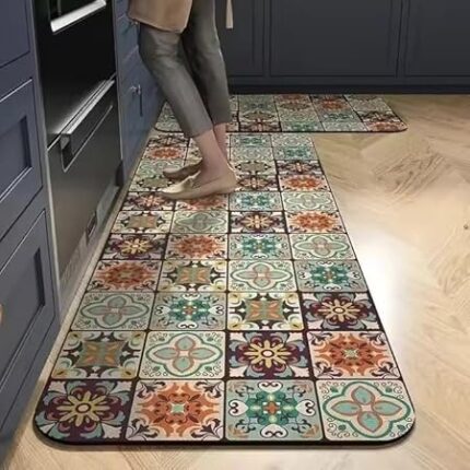 HomeCloud Rubber Kitchen Mats for Floor Set of 2 Pcs|Non-Skid, Soft Absorbent Rugs for Kitchen, Laundry, and Hallway|120x40cm, 40x60cm| 4mm Thickness (Brown_Multi), rectangular