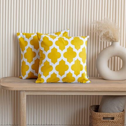 HOMEMONDE Cotton Cushion Cover Set Of 2 - Sofa Pillow Cover 24 By 24 Inches Living Room Cushion Covers, Yellow, 250 TC