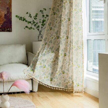 HUESLAND Cotton Curtains 7 feet Long for Door, 1 Bohemian Eyelet Curtain (Door 7 x 4 ft, Green Leaf Floral)
