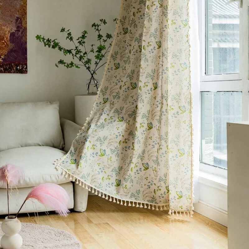 HUESLAND Cotton Curtains 7 feet Long for Door, 1 Bohemian Eyelet Curtain (Door 7 x 4 ft, Green Leaf Floral)