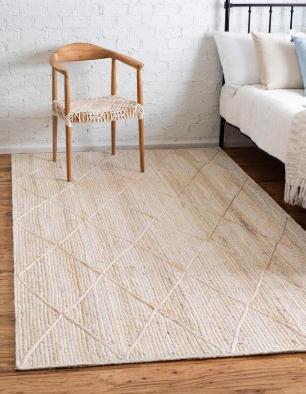 imsid Handwoven Natural Off White Diamond Jute Braided Carpet Mats | Reversible Floor Covering Carpets Rug Mat | Anti Slip Backing Heavy Carpet Runner for Living Room (8x10 feet)