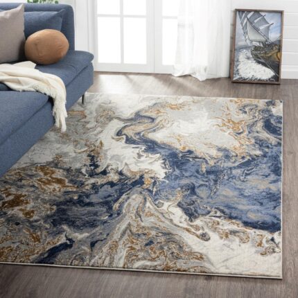 ishro home Premium Carpets for Hall | Carpets for Living Room | Bedroom | Printed | Anti-Skid | Machine Washable (5x7fts, Marble Swirl Blue)