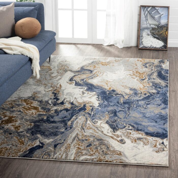 ishro home Premium Carpets for Hall | Carpets for Living Room | Bedroom | Printed | Anti-Skid | Machine Washable (5x7fts, Marble Swirl Blue)