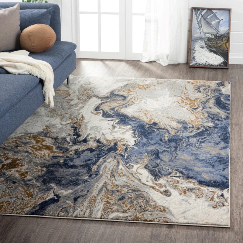 ishro home Premium Carpets for Hall | Carpets for Living Room | Bedroom | Printed | Anti-Skid | Machine Washable (4x6fts, Marble Swirl Blue)