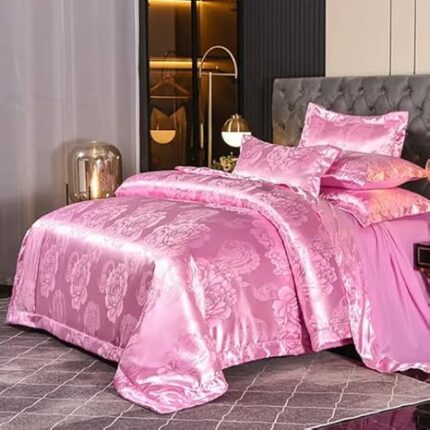 it&C's Imported Jackquard Silk and Cotton 5 Pcs King Size Double Bed Bridal Designer Bedding Set with Heavy Quilt/Comforter (Pink)