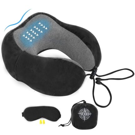JEKKU Premium Memory Foam Neck Pillow for Travelling – Comfortable Travel Pillow for Pain Relief, Travel Neck Pillow for Airplane, Car & Home Use(Black)