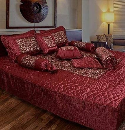 Namaste India Fashionable Gold Printed Satin Double Bed Wedding Bedding Set: 1 Bedsheet, 2 Pillow Cover, 2 Filled Cushion: 2 Filled Bolsters:1 AC Comforter - Set of 8 Pieces...
