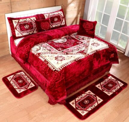PEPONI 10 Pcs Luxury Super Soft Wedding Mink Blanket Bedding Set with Gift Box/Winter Bedding Set with Quilt, Warm Wedding Bedding Set for Double Bed (Maroon & Cream)