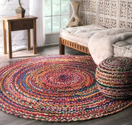 SEALION Handwoven Natural Braider Reversible Multi Chindi Carpets Jute mats | Chindi Carpets for Bedroom and Balcony | Floor Covering Round Carpets for Living Room (7x7 feet)