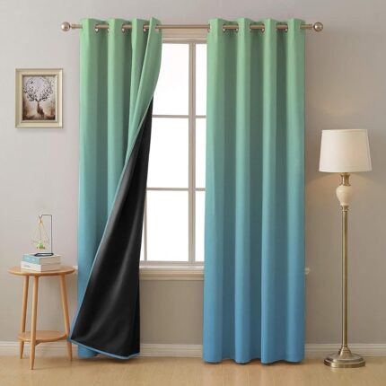 SPACES DRAPE STORY Ombre Design Heavy Satin Curtains With Blackout Lining - Set Of 2 | 95 To 98% Light Blocking | 8Ft Premium Long Opaque Door Curtain |Blue & Green