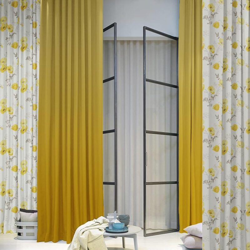 SPACES DRAPE STORY Polyester Elegant Floral & Ombre Digital Print Combination Room Darkening Semi Sheer Grommet Curtains- Set Of 4 Door Curtain (Yellow & Cream)