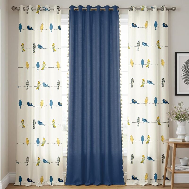 Urban Space 100% Cotton Curtains for Door, Combo Set of 3 Curtains 8 feet Long, 60-65% Room Darkening Curtain, Tieback & Eyelets Included with Curtain for Home Decor (Humming...