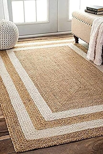 vasac Handwoven Natural Jute Braided Carpet Mats | Reversible Floor Covering Carpets Rug Mat | Anti Slip Backing Heavy Carpet Runner for Living Room Bedroom Jute White (6x9...
