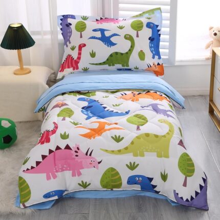 Wowelife Dinosaur Toddler Bedding Sets for Boys and Girls 4 Pieces Dinosaurs Toddler Bed Set Blue White Kids Toddler Comforter Set with Comforter, Flat Sheet, Fitted Sheet and...
