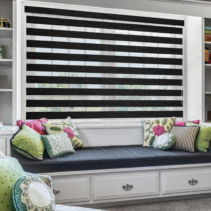Zebra Blind for Windows Dual Layer Zebra Roller Shades Light Filtering Sheer Window Treatments Privacy Light Control for Day and Night Color Black(W70 x H180)